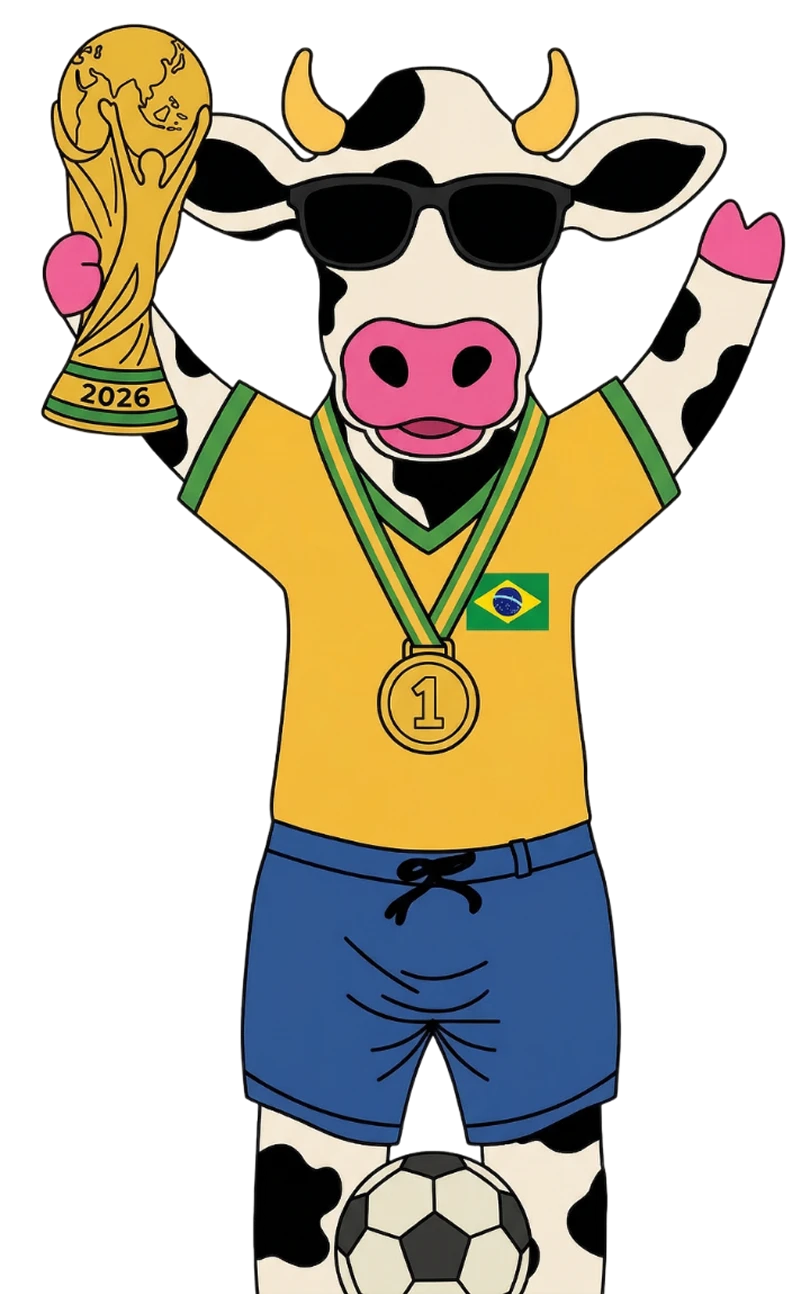 Mascote Hey!Mu campeã com troféu Copa 2026